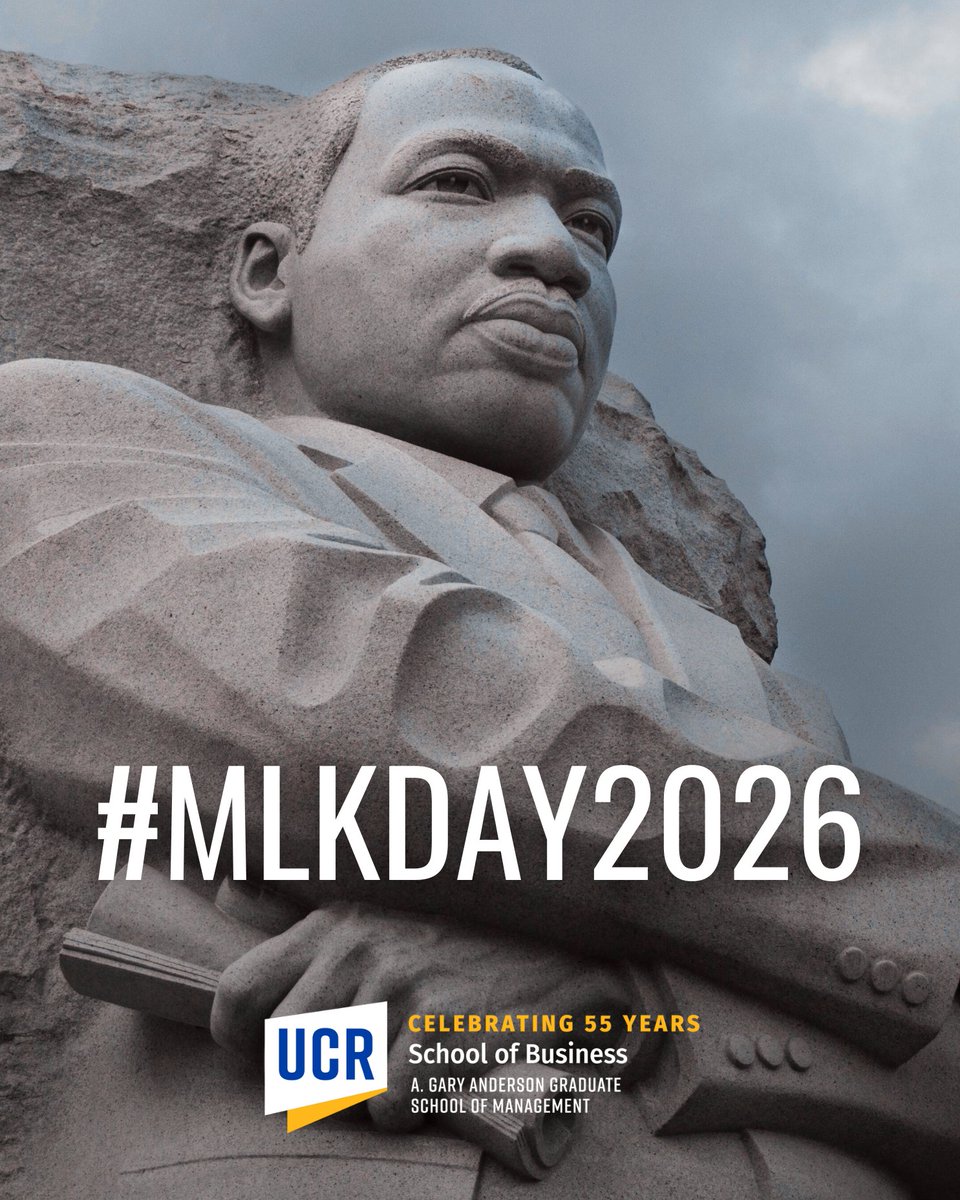Today, we honor the life and legacy of Dr. Martin Luther King Jr., and reflect on his enduring pursuit of social and economic justice for all. Campus will be closed today, Monday, January 19, in observance of Martin Luther King Jr. Day. 
#UCRiverside #UCRBusiness #MLKDAY2026