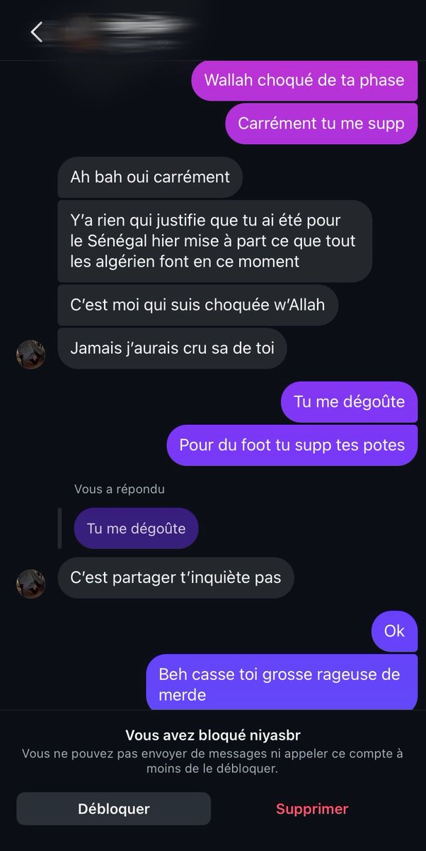 En terme d’amitié jsu vrm entouré de pvte c’est trop, 5 ans d’amitié ze3ma et parce que je soutiens pas son équipe ça rage wsh a croire j’ai insulté ses darons