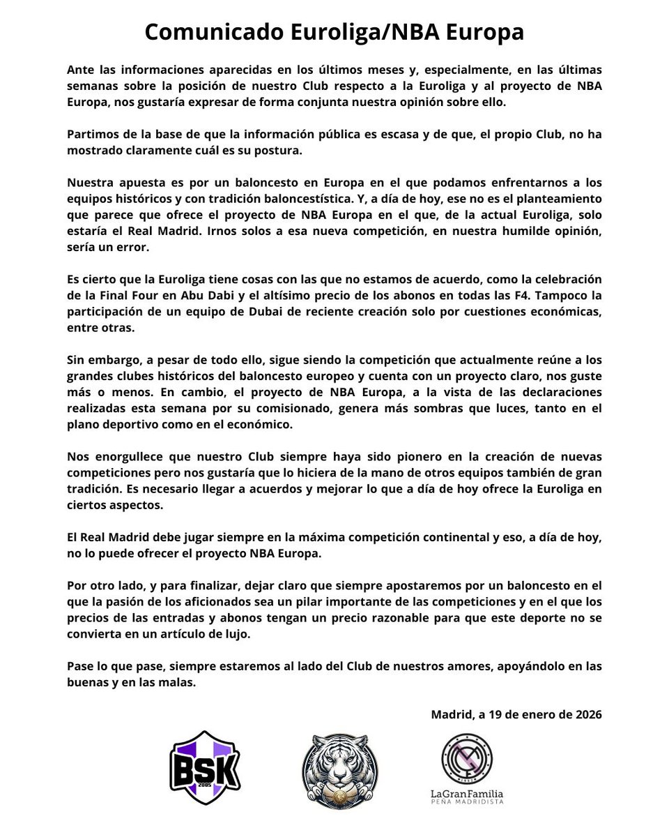 “Comunicado conjunto de las peñas de baloncesto con relación a los rumores sobre la continuidad o no de nuestro equipo en la Euroliga”