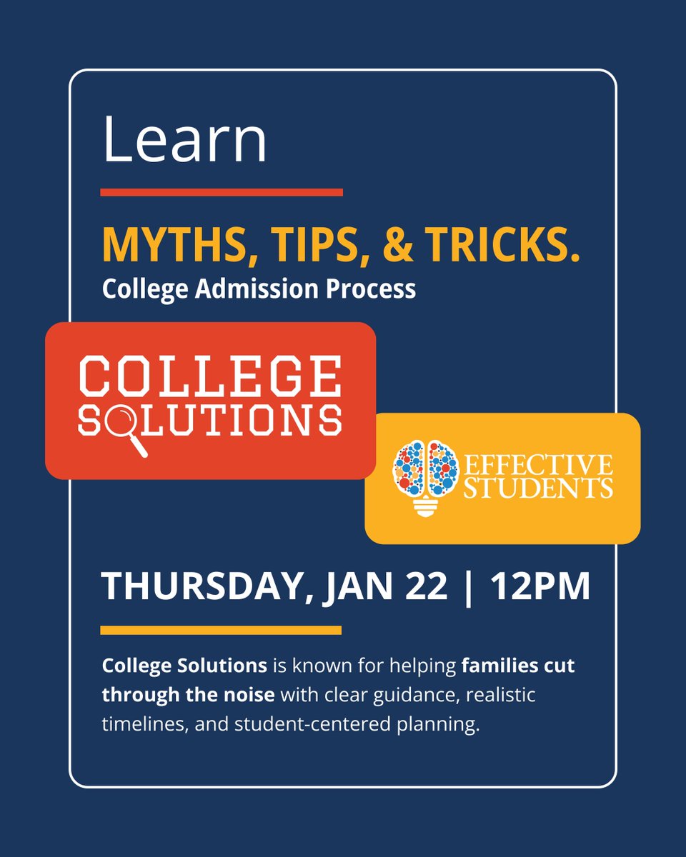 Feeling overwhelmed by college admissions? You’re not alone. Join us + College Solutions for a parent lunch &amp; learn webinar to get clarity and confidence.
Bring lunch. Log on. Leave informed.
Register hubs.ly/Q03_k36f0 
#executivefunction #collegeplanning #highschoolparents