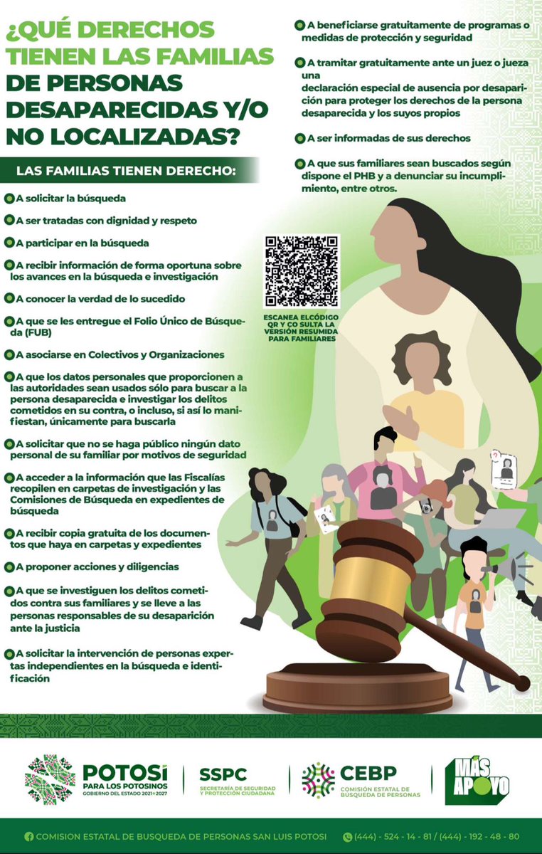 SSPC_SLP's tweet photo. ✅¿SABES QUÉ DERECHOS TIENEN LAS FAMILIAS DE LAS PERSONAS DESAPARECIDAS Y/O NO LOCALIZADA?
🗓La #CEBP tiene una guardia con atención las 24 horas del día, los siete días de la semana.
☎️(444) 192 48 80
#SSPCEstatal
#SeguridadSinLímites
#ElCambioQueSeVive https://t.co/5W6xa8Fx9S