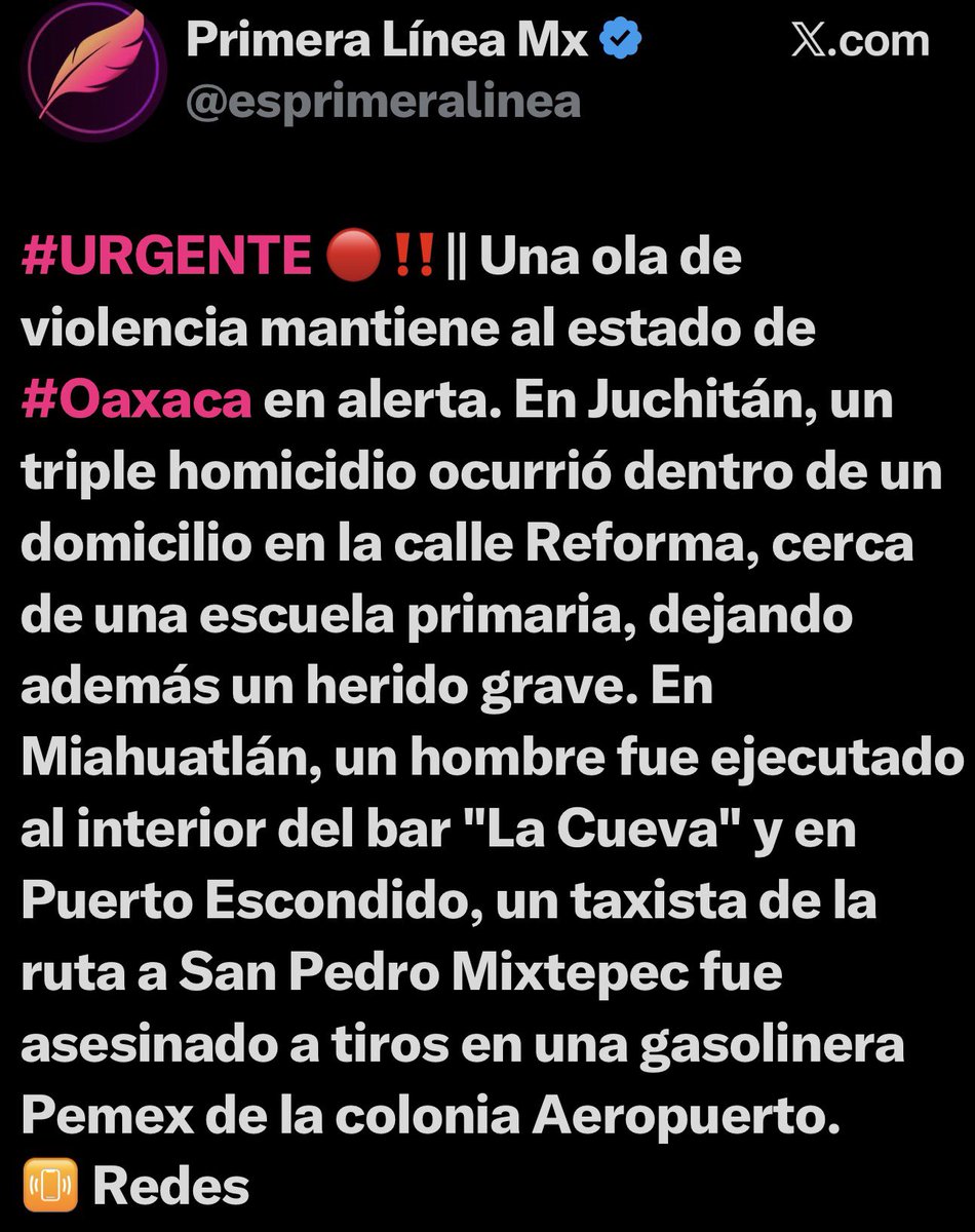 Ola de violencia azota Oaxaca. 

Homicidios en Juchitán, Miahuatlán y Puerto Escondido.
Pero el cínico Salomón Jara dice que va hacer “reuniones de seguridad” en las regiones.
Claro, antes, pasa a desayunar como rey y a saludar a sus socios en esos municipios. 
Recordar que hay