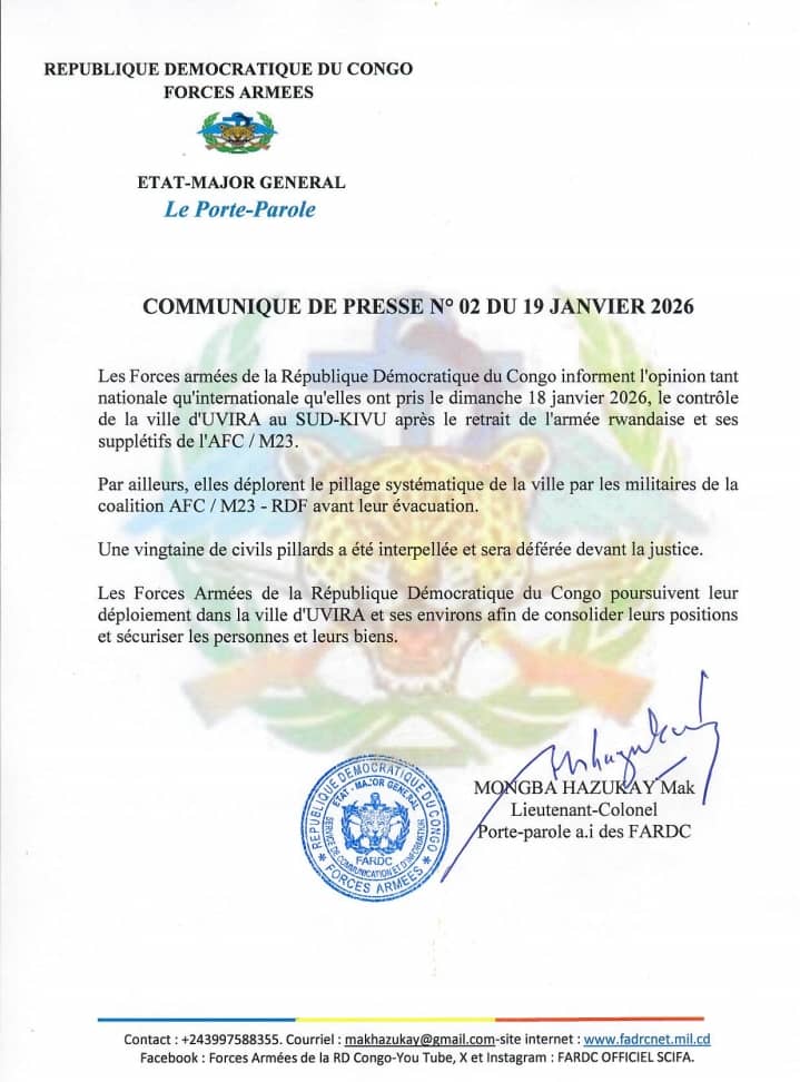 FARDC_officiel's tweet photo. Communiqué de Presse des @FARDC_officiel du 19 janvier 2026 https://t.co/msqujIokFa