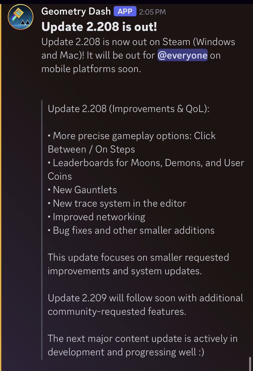 today_gd's tweet image. Update 2.208 has released on Steam, adding new leaderboard, new gauntlets, and official support for Click Between Frames