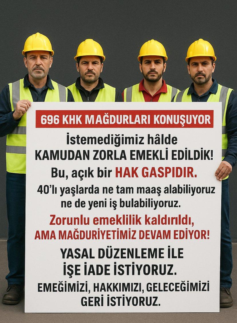 Anayasa ve iş kanununa aykırı olarak genç yaşlarda zorunlu emekli”edilen 696KHK’lı kamu işçileri “İŞE İADE İSTİYORUZ”
#zorunluemekliişeiadeolmalı 
<a href="/RTErdogan/">Recep Tayyip Erdoğan</a> <a href="/isikhanvedat/">Prof. Dr. Vedat Işıkhan</a>
<a href="/_cevdetyilmaz/">Cevdet Yılmaz</a> <a href="/yilmaztunc/">Yılmaz TUNÇ</a>
<a href="/Hayati_Yazici/">Hayati Yazıcı</a> <a href="/YildizFeti/">Feti Yıldız</a> <a href="/ErbakanFatih/">Dr. Fatih Erbakan</a>  <a href="/Akparti/">AK Parti</a>
<a href="/MhpTbmmGrubu/">MHP TBMM Grubu #MHP</a> <a href="/tcbestepe/">T.C. Cumhurbaşkanlığı</a>