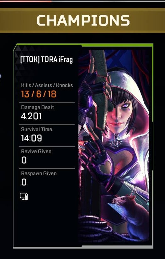 iFrag_ttv's tweet photo. Streamed for an hour today on TikTok! Haven't played in 2 days, but was able to snag some good wins! #PlayApex #WeAreTora https://t.co/Yr7kc1bdta