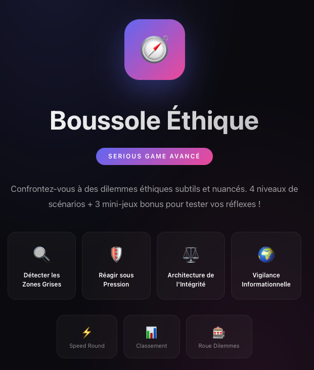 Tu as envie de savoir si tes pratiques sont vraiment éthiques…
ou juste “conformes parce que tout le monde fait pareil” ?
Pour le fun voici un petit jeu d’éthique, accessible au grand public, pour mettre les pratiques à l’épreuve du réel.
On joue, on se questionne. Et parfois…