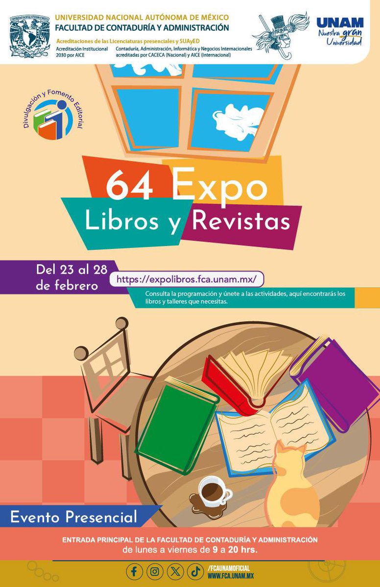64 Expo Libros y Revistas📚
Un espacio dedicado a la difusión del conocimiento a través de libros, actividades y talleres.
🗓️ Del 23 al 28 de febrero
📍 Entrada principal de la FCA
⏰ 9:00 a.m. a 8:00 p.m.
Consulta el programa completo en:
🔗 expolibros.fca.unam.mx