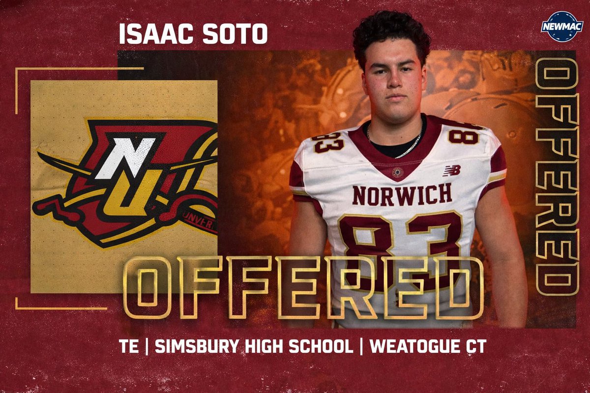 IsaacSoto_83's tweet photo. Thank you to the @NorwichFB coaching staff and players for such a wonderful weekend. I’m truly grateful for the opportunity and honored to receive an offer to join the roster. Go Cadets! 🏈⚔️@Coach_Latimer @THEcoachRussell https://t.co/kuhpsenRVF
