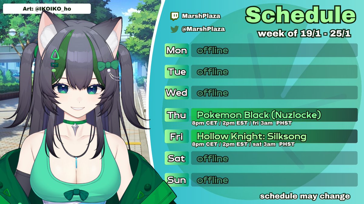 Schedule for this week:
Pokemon and Silksong! Nice and simple.