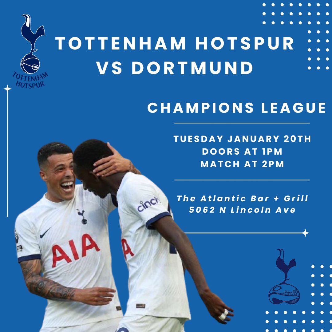 Join us Tuesday afternoon at the Atlantic for our match against Dortmund! 
Doors at 1.
Match at 2.
#tottenham #thfc #chicagospurs #coys
