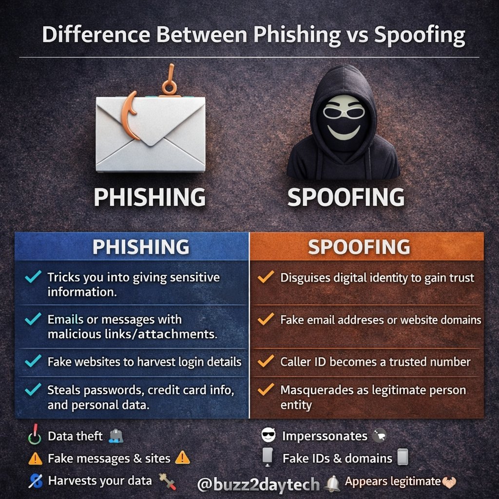 buzz2daytech's tweet photo. 🚨 Phishing vs Spoofing – Don’t get fooled online!
Fake emails ya fake identity? 🤯
Is infographic mein samjho dono attacks ka clear difference aur kaise bach sakte ho 🛡️💻
Stay alert. Stay secure.
#Phishing #Spoofing #CyberAttack #OnlineFraud #CyberSecurity #DigitalSafety https://t.co/topp70ts0I