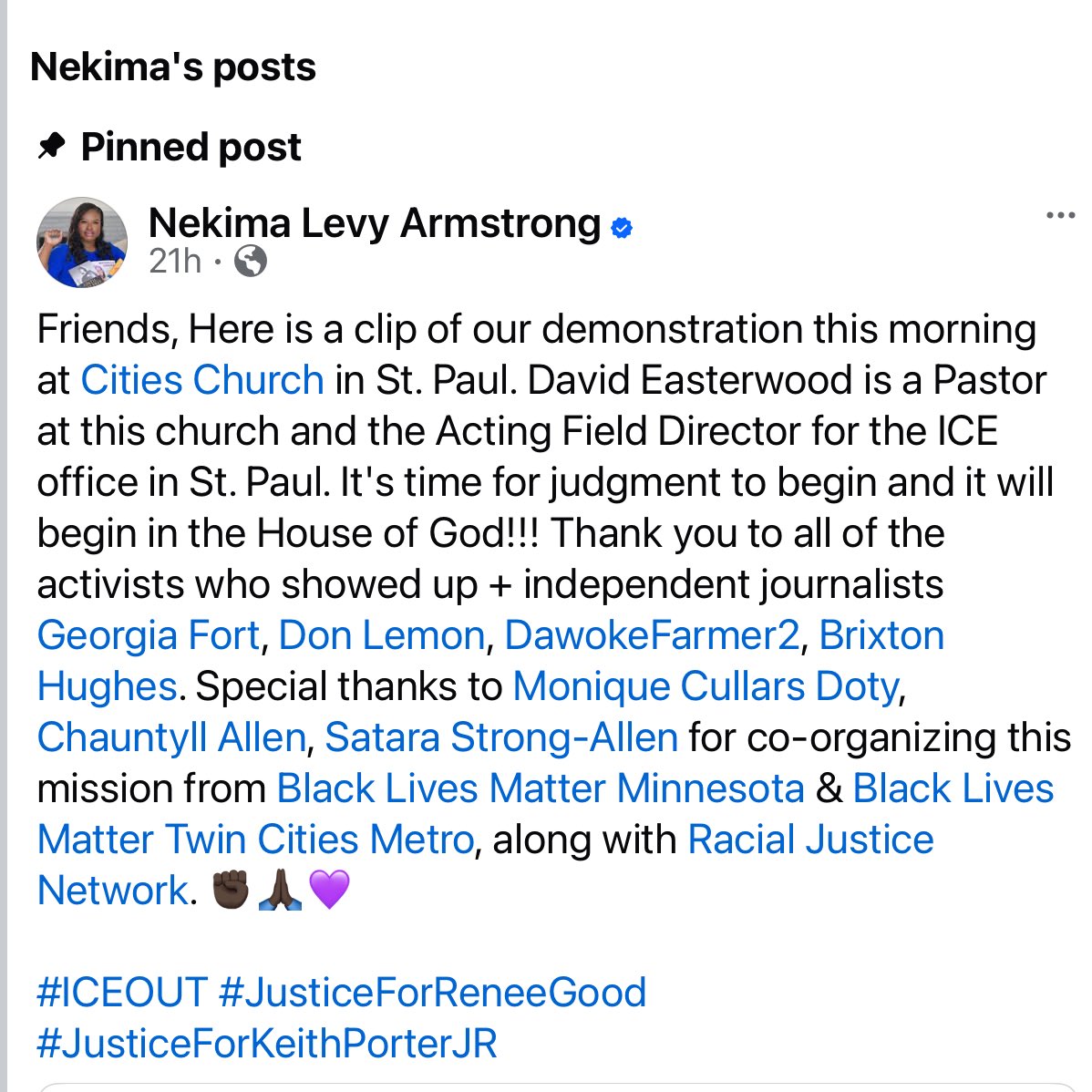 TerriGreenUSA's tweet photo. This is Nekima Levy Armstrong’s pinned Facebook post from yesterday where she tagged Don Lemon https://t.co/7DDoxud4mM