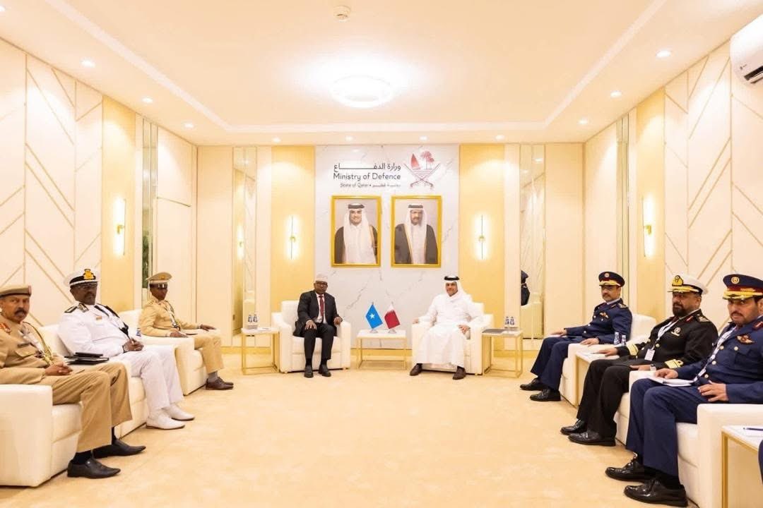 SomEmbQatar's tweet photo. Somalia’s Minister of Defense, H.E. Ahmed Moallim Fiqi, met in Doha with H.E. Sheikh Saud bin Abdulrahman bin Hassan Al Thani, Qatar’s Minister of State for Defense, on the sidelines of #DIMDEX2026, discussing bilateral cooperation.
 #Somalia #Qatar https://t.co/jeLO92LQsD