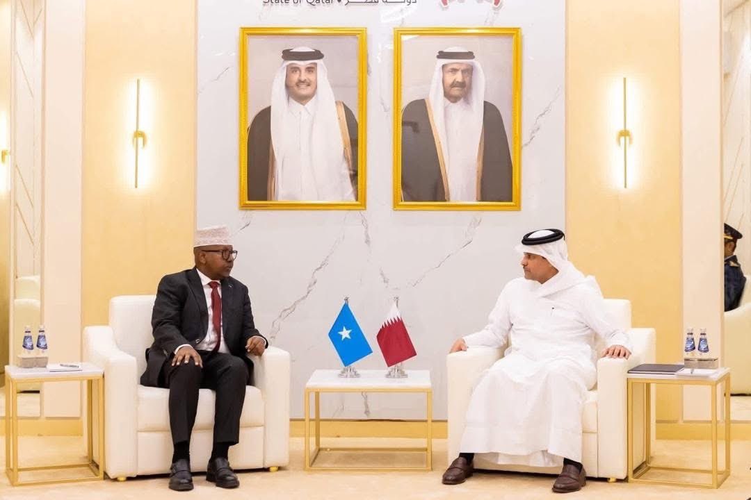 SomEmbQatar's tweet photo. Somalia’s Minister of Defense, H.E. Ahmed Moallim Fiqi, met in Doha with H.E. Sheikh Saud bin Abdulrahman bin Hassan Al Thani, Qatar’s Minister of State for Defense, on the sidelines of #DIMDEX2026, discussing bilateral cooperation.
 #Somalia #Qatar https://t.co/jeLO92LQsD
