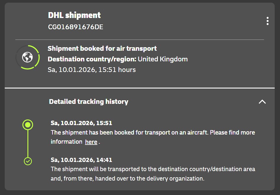 _BenRoberts_'s tweet photo. @DHLPaket Meine DHL eCommerce Sendung CG016891676DE nach UK steckt seit 10. Jan im Status „Shipment booked for air transport“ ohne Abflug-Scan. Sie scheint das Ursprungsnetz nie verlassen zu haben. Bitte dringend nachverfolgen. https://t.co/fMolndZmdL