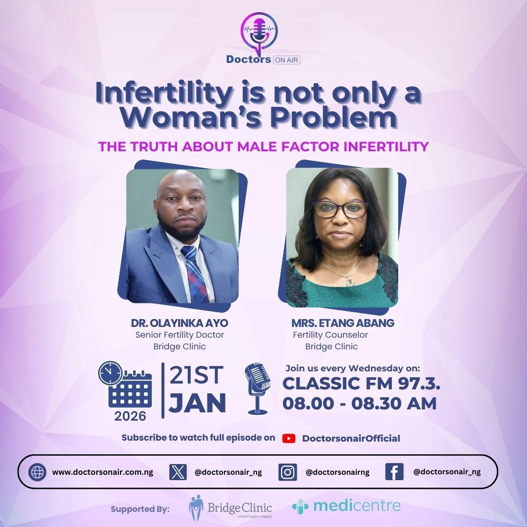 DoctorsOnAir_NG's tweet photo. Infertility isn’t just a woman’s issue. Male factor infertility is real, common, and often overlooked.
Join us as we discuss Infertility on Wed, 21 Jan 2026,  8–8:30am WAT
@classicfm973

#DoctorsOnAir #DoctorsOnAirWithDrPamela #MaleFactorInfertility #InfertilityAwareness https://t.co/Ka0vByVpiE