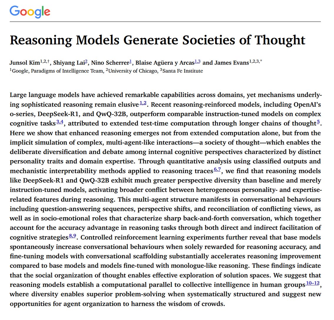 Love this. To solve hard problems, reasoning models sometimes simulate an internal conversation between different personas, like a debate team inside their own digital brain. They argue, correct each other, express surprise, and reconcile different viewpoints to reach the right