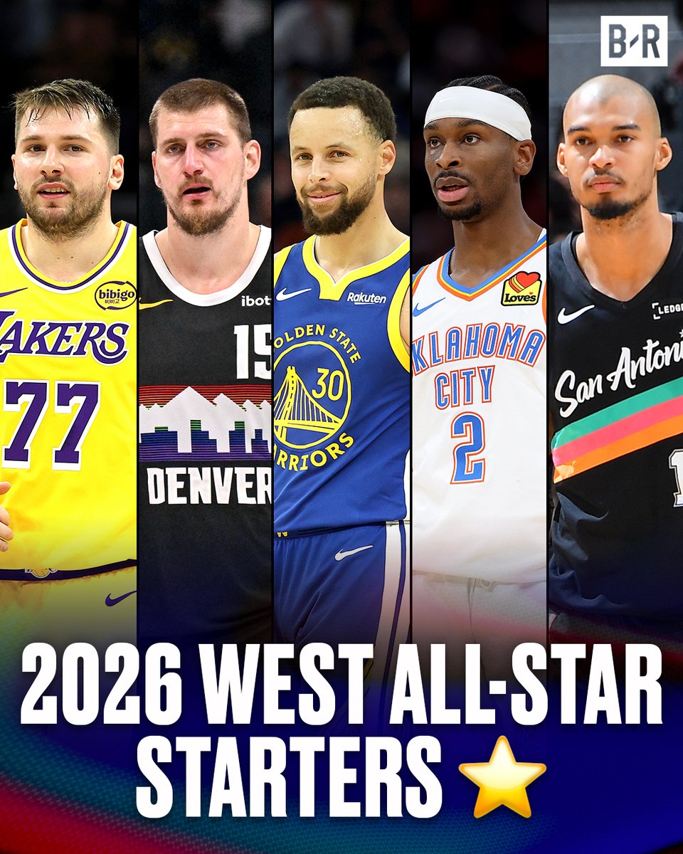 BleacherReport's tweet image. 2026 NBA ALL-STAR STARTERS ANNOUNCED 🔥

WEST:
⭐️ Luka Dončić
⭐️ Nikola Jokić
⭐️ Steph Curry
⭐️ Shai Gilgeous-Alexander
⭐️ Victor Wembanyama

EAST:
⭐️ Giannis Antetokounmpo
⭐️ Jalen Brunson
⭐️ Tyrese Maxey
⭐️ Cade Cunningham
⭐️ Jaylen Brown