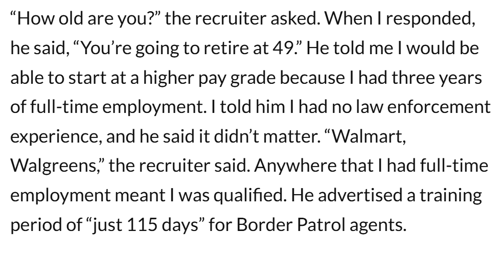 ReichlinMelnick's tweet image. Incredible. Border Patrol is recruiting by having people enter AI-generated resumes and telling them so long as they've worked at a Walmart or a Walgreens for a few years they're qualified, and the recruiters just filling out everything for the applicants.