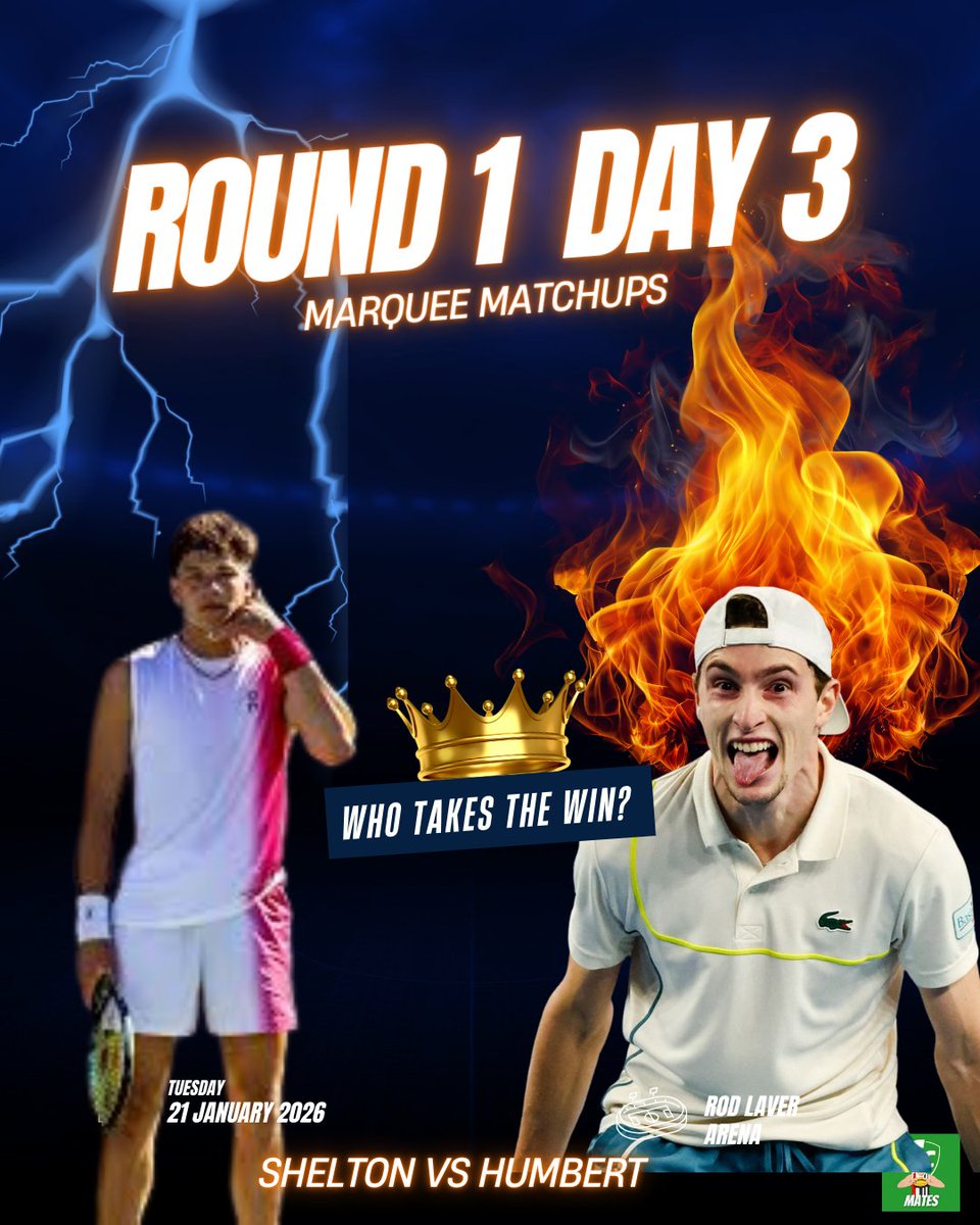SCMates's tweet image. An almost 4 hour thriller with Popyrin eventually bowing out in 5 ended day 2. Here's our top 3 picks for day 3, including what should be a very entertaining match between an Aussie &amp;amp; a French Icon 

1. Sweeny vs Monfils
2. Shelton vs Humbert
3. Dimitrov vs Machac

#AusOpen2026