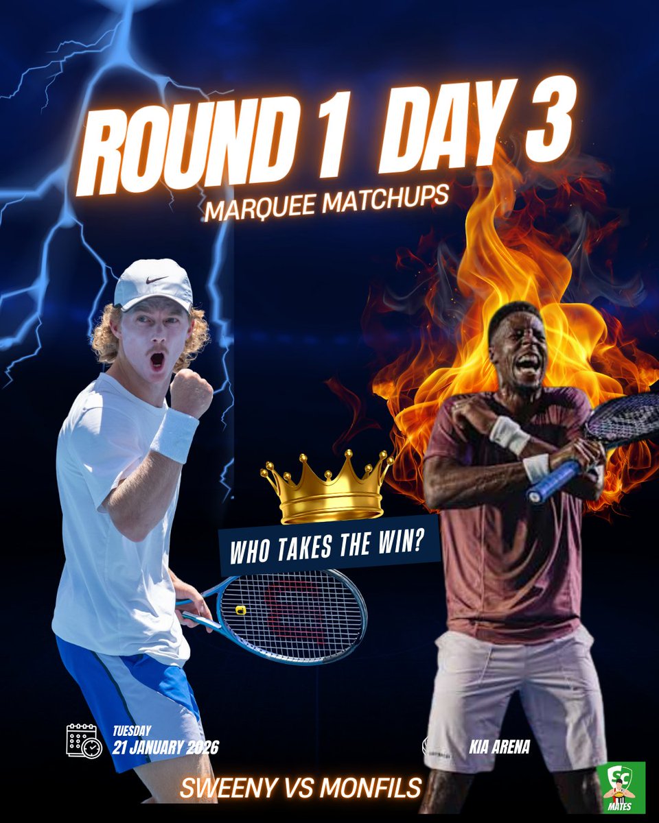 SCMates's tweet image. An almost 4 hour thriller with Popyrin eventually bowing out in 5 ended day 2. Here's our top 3 picks for day 3, including what should be a very entertaining match between an Aussie &amp;amp; a French Icon 

1. Sweeny vs Monfils
2. Shelton vs Humbert
3. Dimitrov vs Machac

#AusOpen2026