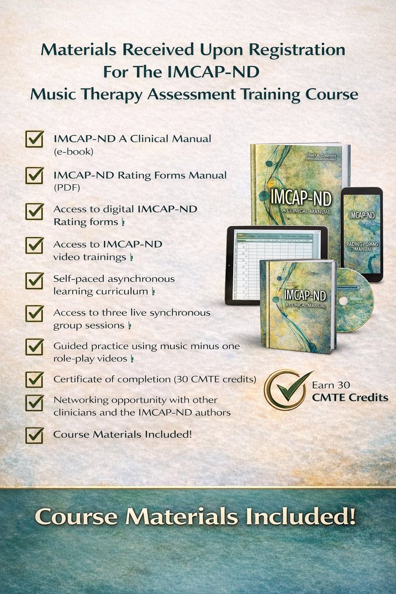 IMCAP ND course materials included with registration.
Digital manuals, video trainings, guided practice, live sessions.
🎓 30 CMTE credits
⏳ Regular rate ends Jan 21

#IMCAPND #MusicTherapy #CMTE