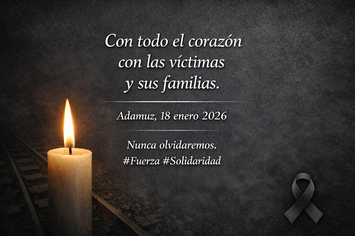 Nuestros pensamientos y fuerza van para todas las personas afectadas por el terrible accidente de tren ocurrido ayer en Adamuz (Córdoba). Queremos transmitir nuestro mayor respeto y solidaridad con las víctimas, enfermos y sus familias. 🕯️🇪🇸
#Fuerza #Solidaridad #SiempreConEllos