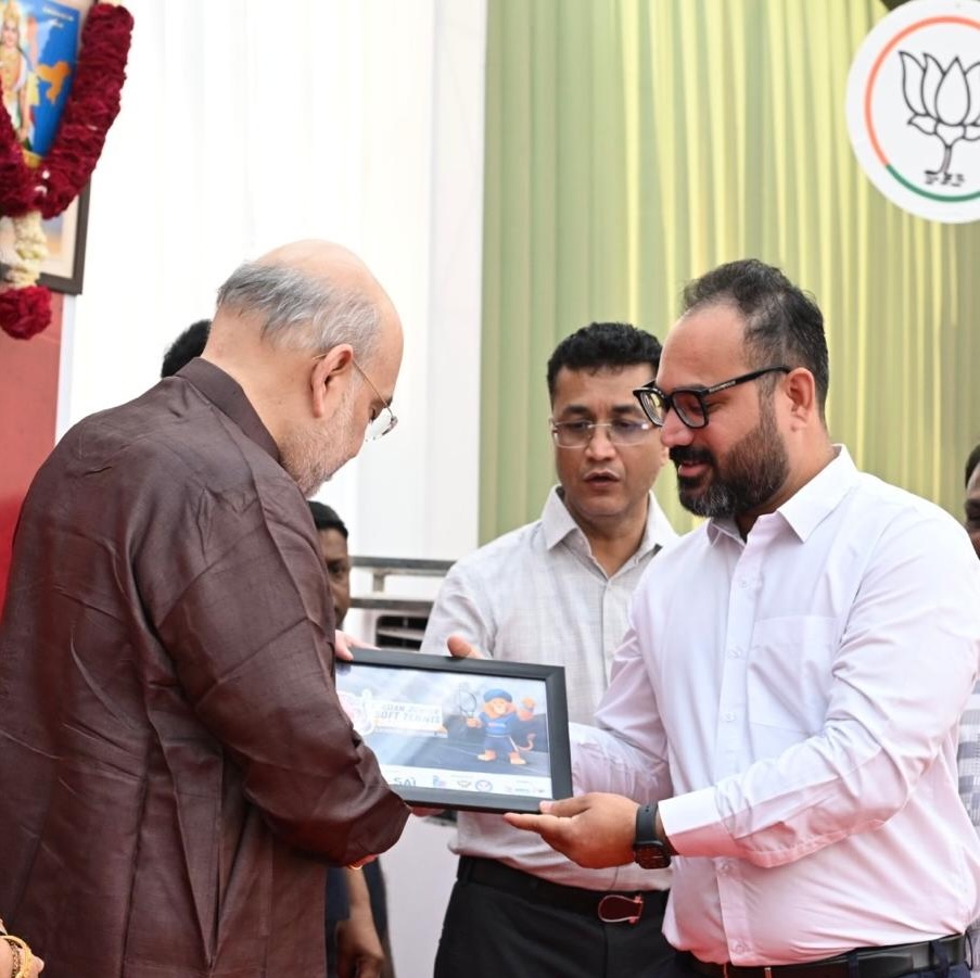 softtennis_ind's tweet photo. The logo &amp; mascot Sher Singh of the 2nd Asian Junior Soft Tennis Championship (3–8 Feb 2026) was unveiled by Hon'ble Shri @AmitShah Ji. He appreciated the organizers’ efforts and welcomed players and officials from 28 Asian nations to Punjab. https://t.co/3ozPdQFtLV