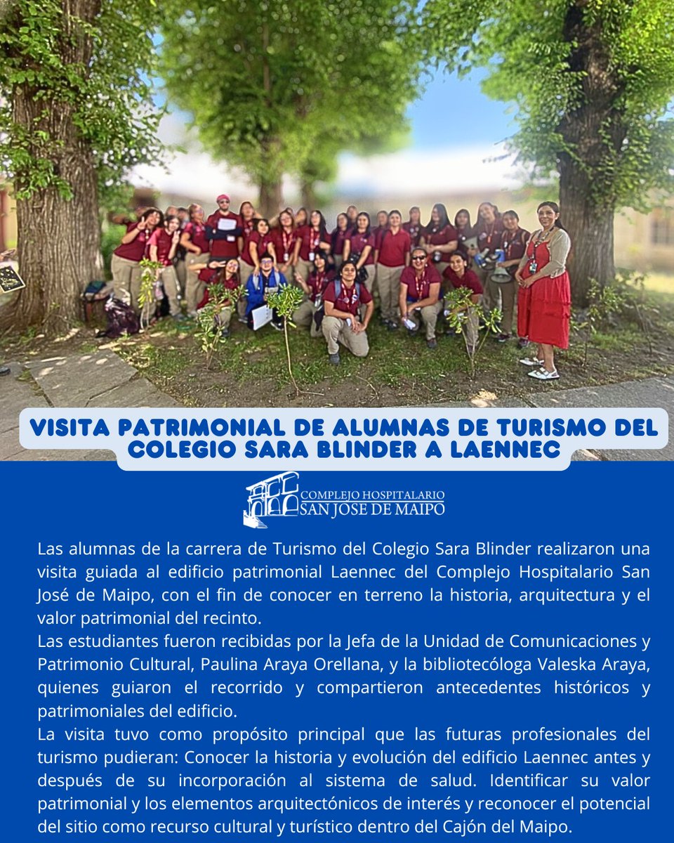 ✨ Visita patrimonial de alumnas de Turismo del Colegio Sara Blinder a Laennec
Las  estudiantes de la carrera de Turismo del Colegio Sara Blinder recorrieron el edificio patrimonial Laennec del Complejo Hospitalario, conociendo su historia, arquitectura y valor cultural.