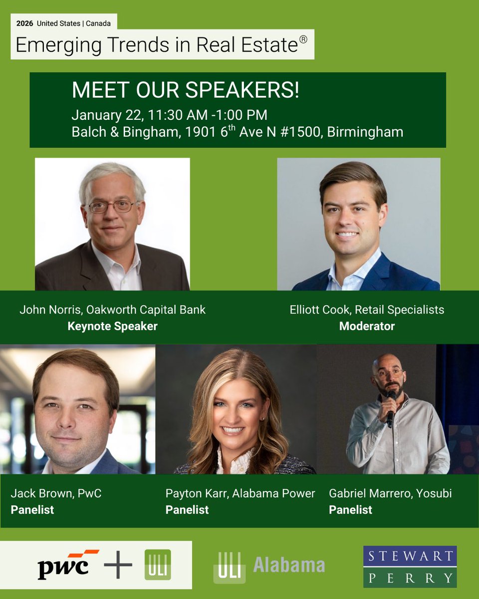 ULIAlabama's tweet photo. Join us Thursday 1/22 for our annual Emerging Trends in Real Estate luncheon, generously sponsored by Stewart/Perry, featuring industry experts to highlight real estate trends from the 2026 Emerging Trends in Real Estate® publication.
https://t.co/Qv4SBvHrgC https://t.co/PPNB2N9RkX