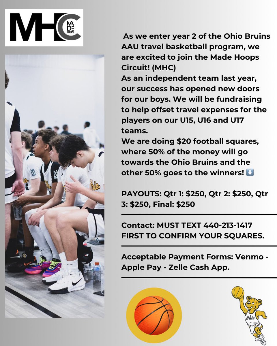 BruinsOhio's tweet image. $20 Football fundraiser boards are now up! 
💰PAYOUTS: Qtr 1: $250, Qtr 2: $250, Qtr 3: $250, Final: $250
📲Contact: MUST TEXT 440-213-1417 FIRST to confirm your squares. 
📝 Acceptable Payment Forms: Venmo - Apple Pay - Zelle Cash App.