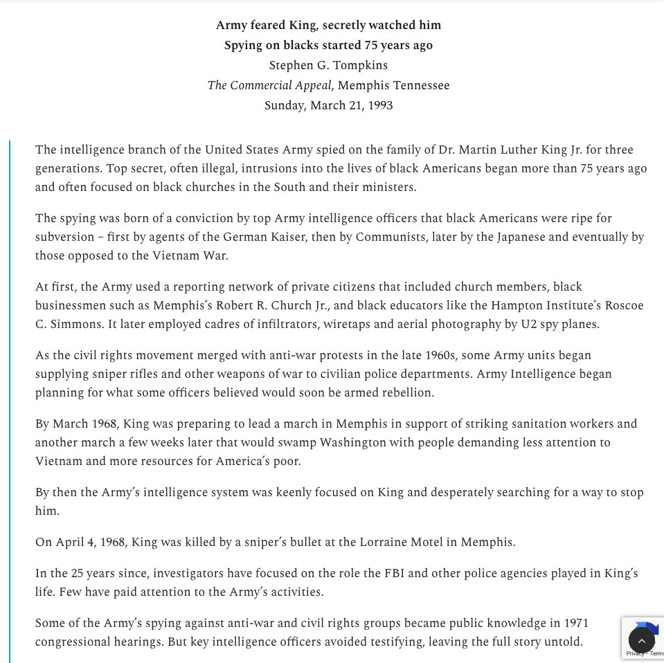 Your annual reminder that the US Army Special Forces spied on MLK Jr for years, and had him surrounded with plainclothes Green Berets and eavesdropping intelligence agents on the day that he was shot and killed by a sniper.