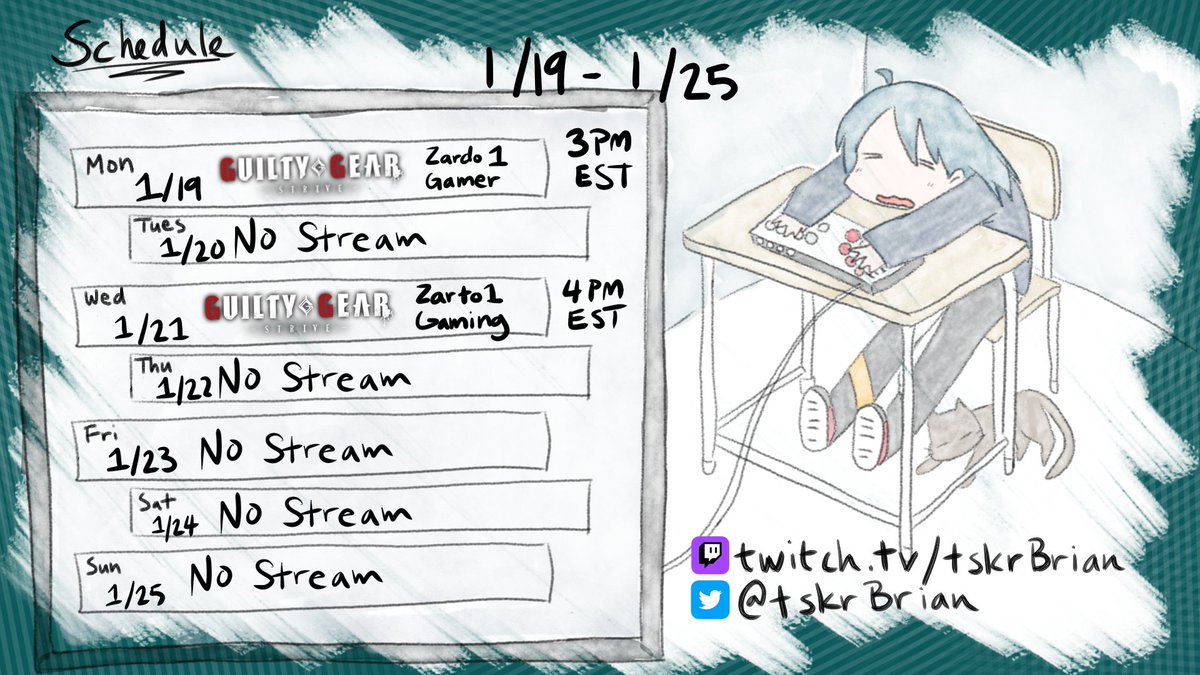 Stream Schedule for 1/19-1/25

Frosties is next week, but trying to be a well balanced adult with more than one hobby who also tries to touch grass is eating into my practice time.