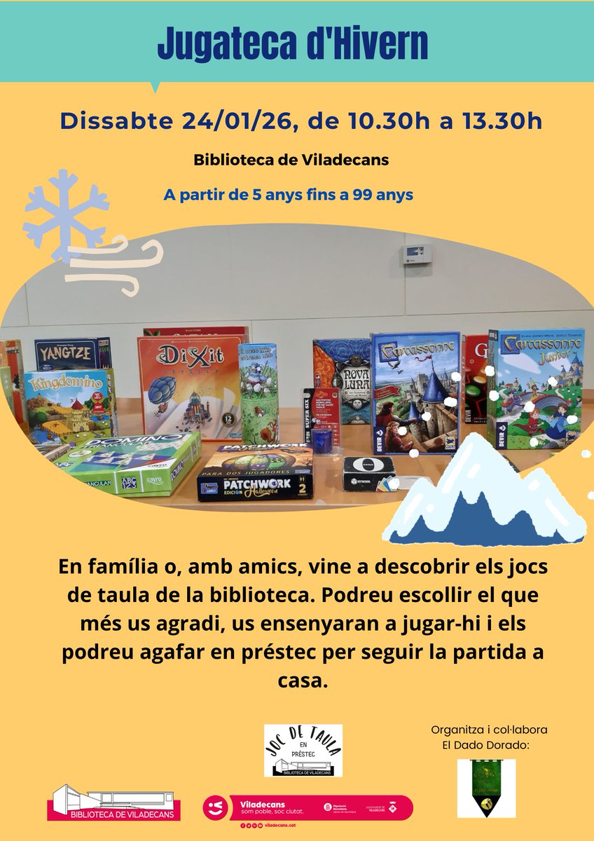 ¡Este sábado 26 de enero estaremos por la mañana en la Biblioteca de Viladecans dinamizando la ludoteca que dispone para todos los usuarios que quieran disfrutarla! Os podéis llevar los juegos de préstamo a casa, si queréis ^_^. Aprovechad que estaremos para explicároslos.