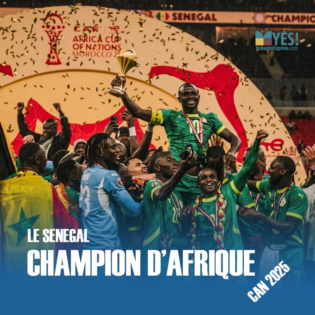 🇸🇳 CHAMPIONS D’AFRIQUE 2025 🏆
Le Sénégal au sommet de l’Afrique !
Fiers de nos Lions, fiers de notre pays 🇸🇳🔥

Yobante Express célèbre la victoire avec tout le peuple sénégalais.
#SénégalChampion #CAN2025 #LionsDeLaTeranga #FiertéNationale #YobanteExpress
