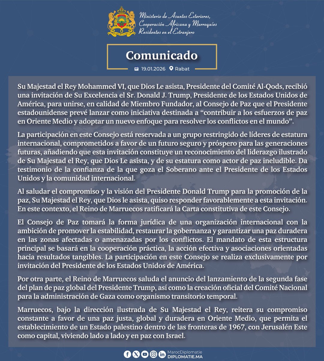Comunicado: Su Majestad el Rey, que Dios Le asista, responde favorablemente a la invitación del Presidente Donald J. Trump para convertirse en Miembro Fundador del Consejo de Paz