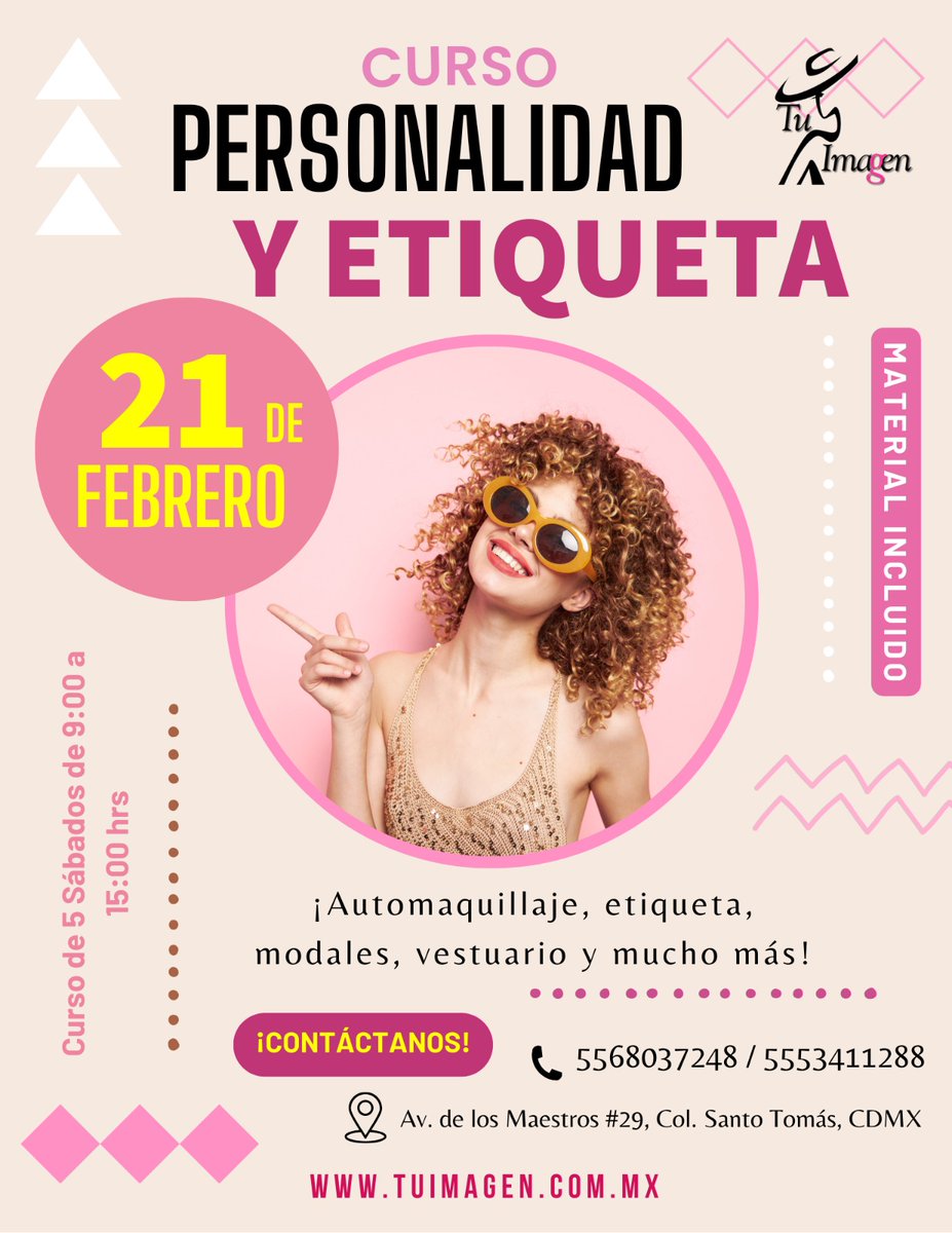 ImagenTU's tweet photo. https://t.co/APaCpyjSAp
Iniciamos sábado 17 de enero
📷 Duración: 30 horas (5 sábados de 9:00 a 15:00 hrs)
Cuidado de la piel y maquillaje personalizado
Elección de vestuario acorde a tus características
Caminata en tacones
Reglas de etiqueta social y modales en la mesa https://t.co/TTigNud9Tl