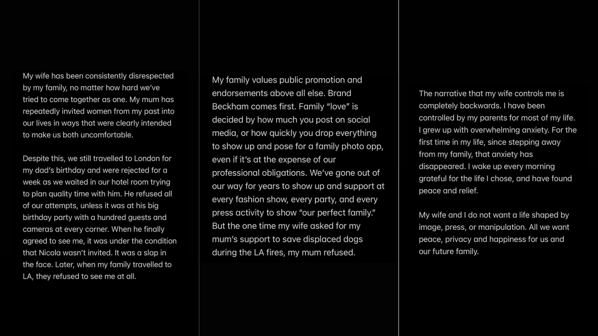 eeemiliano's tweet image. Fuertísimo descargo de Brooklyn Beckham: denuncia años de manipulación de sus padres para priorizar la "marca Beckham" por sobre su bienestar. 
Acusa a Victoria Beckham de sabotear su boda, maltratar a su esposa Nicola y filtrar mentiras a la prensa.
