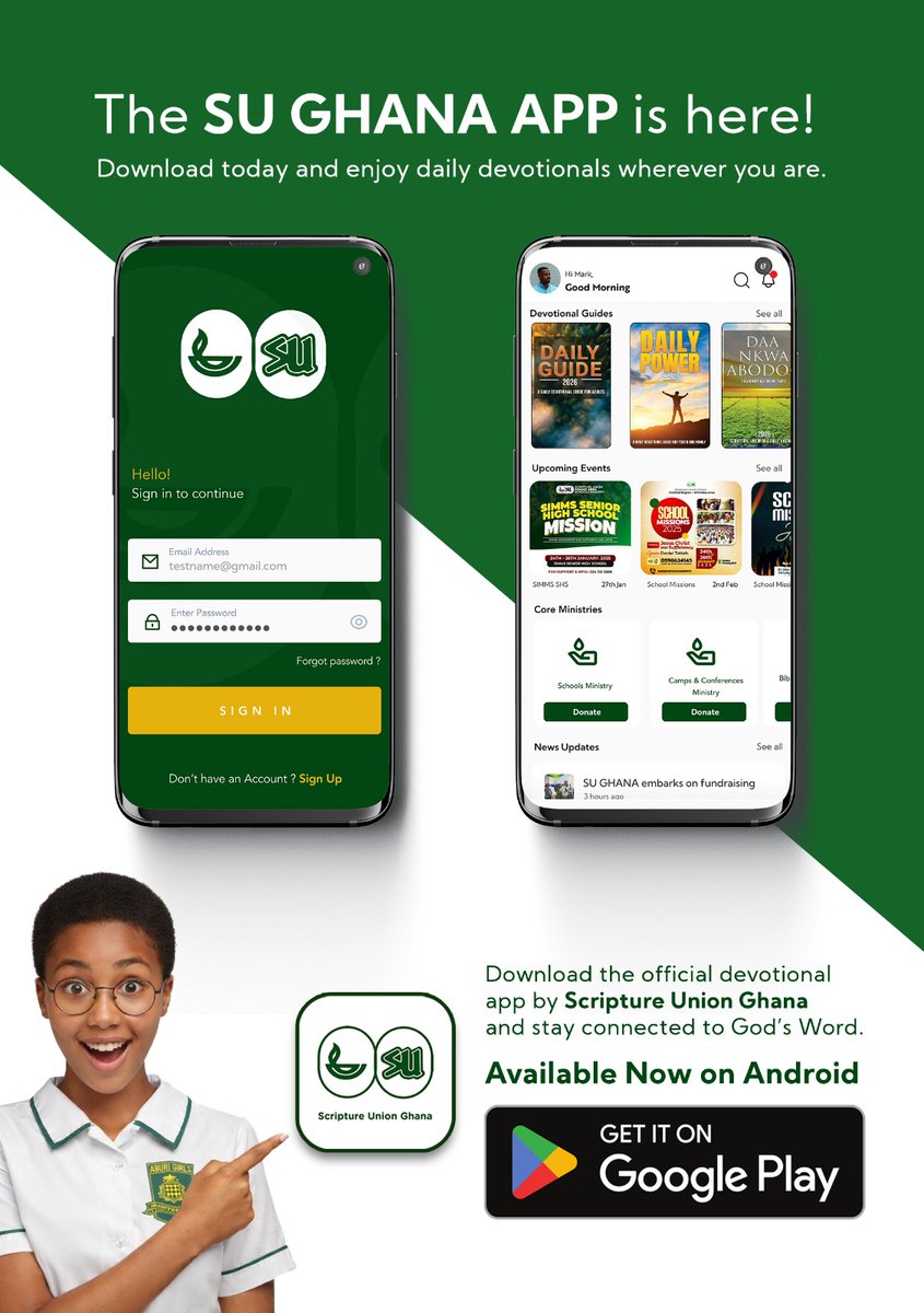 The SU Ghana App is available on the Google Play Store now!

Visit the link: androidapp.sughana.org to download the SU Ghana App

Or Search for *Scripture Union Ghana* on the Play Store. 

SU is Us! 
SU, God with Us!