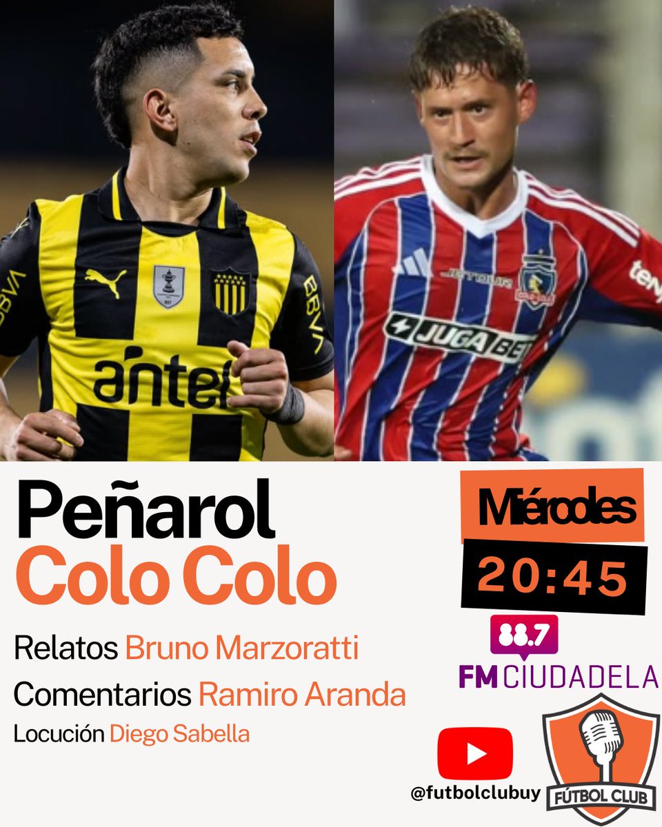 MIÉRCOLES!
De <a href="/SerieRdeLP/">Serie Río de la Plata</a> en <a href="/futbolclubuy/">Fútbol Club</a> por <a href="/fmciudadela/">fmciudadela</a>

🕓 20:30
⚽ <a href="/OficialCAP/">PEÑAROL</a> vs Colo Colo

🗣️Relatos <a href="/BrunoMarzoratti/">Bruno Marzoratti</a> 
🗣️Comentarios <a href="/RamaAranda03/">Ramiro Aranda</a> 

ESCÚCHANOS EN👇
📻 88.7 FM
📱 Futbolclub.uy
📱 youtube.com/watch?v=BhQHJj…