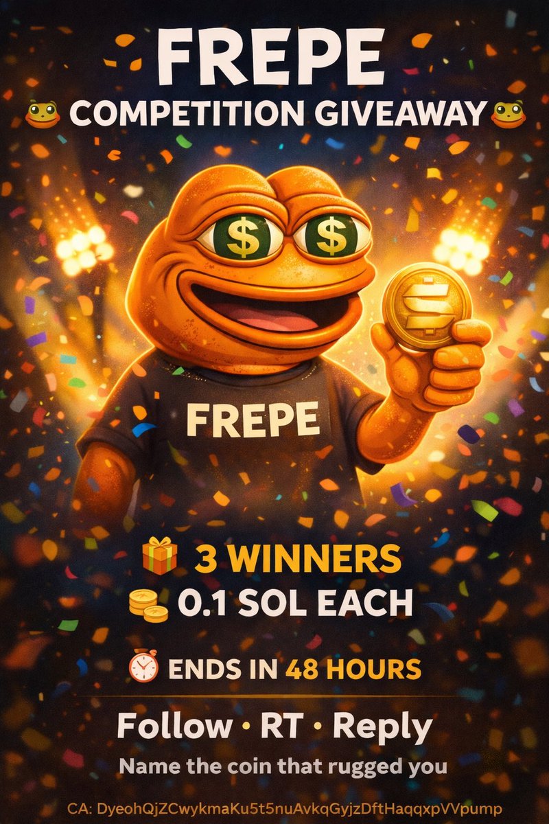 FRepeCoinSolana's tweet image. $REPE rugged again…
that’s why $FREPE exists - the coin of rug survivors.

🎁 #Solana giveaway (3 winners, 0.1 #SOL each)

To enter:
✅ Follow is
🔁 RT+Like
💬 Reply with the coin that rugged you + your SOL wallet

⏰ Ends in 48h

CA:
DyeohQjZCwykmaKu5t5nuAvkqGyjxDftHaqqxpYVpump