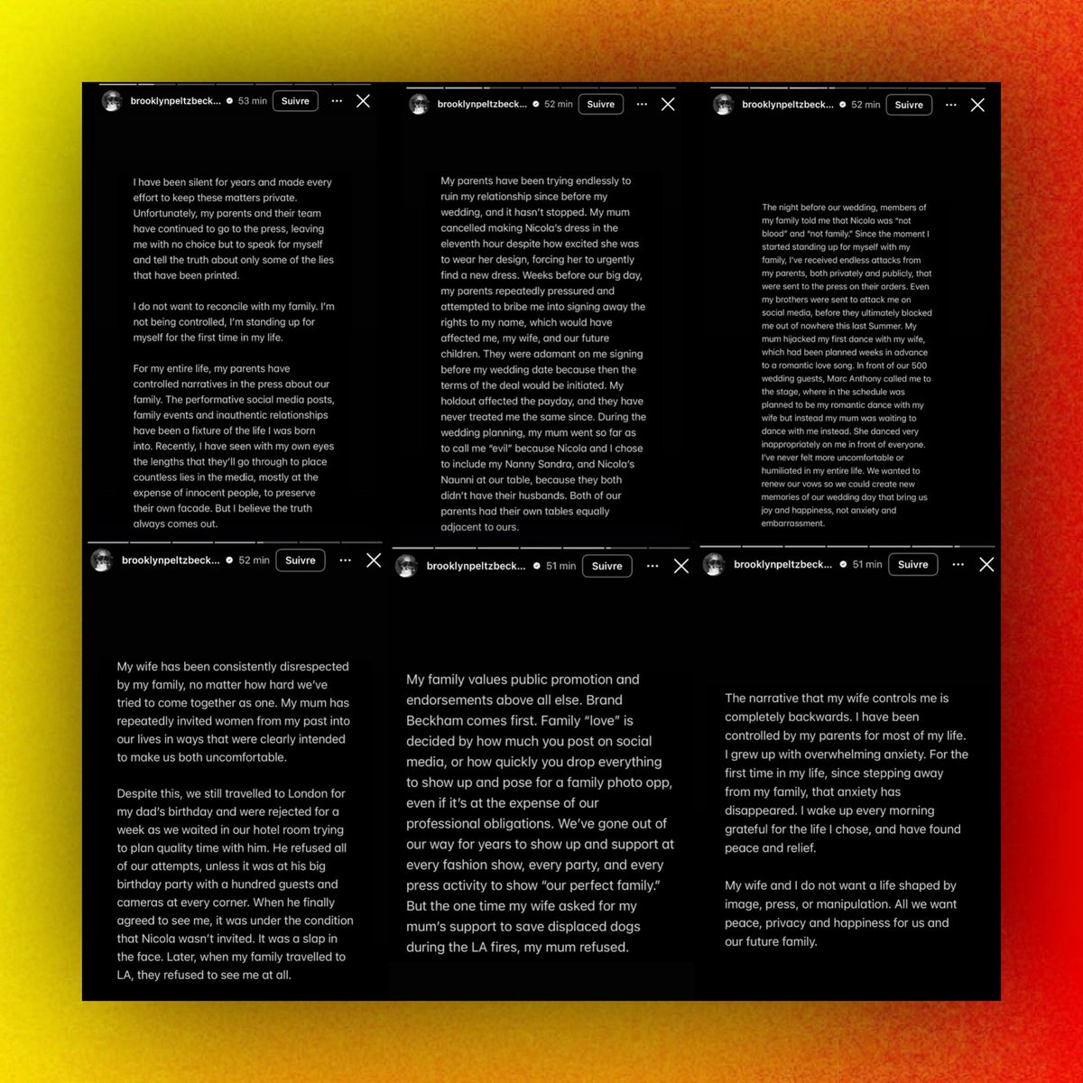 PopCrave's tweet image. Brooklyn Beckham speaks out against his parents David &amp;amp; Victoria and alleges that they tried to ruin his wedding:

“I do not want to reconcile with my family. I'm not being controlled […] Weeks before our big day, my parents repeatedly pressured and attempted to bribe me into…