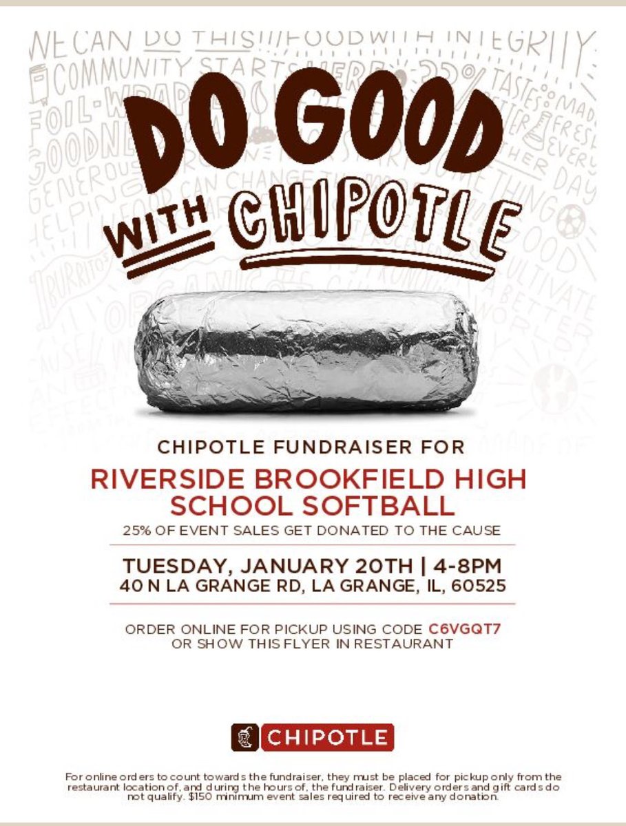 Support RB Girls Softball at the La Grange Chipotle on Tuesday, January 20th from 4-8 PM! 25% of proceeds get donated back to the RB Softball program. Make sure to show the flyer or use the code when ordering. We hope to see you there!