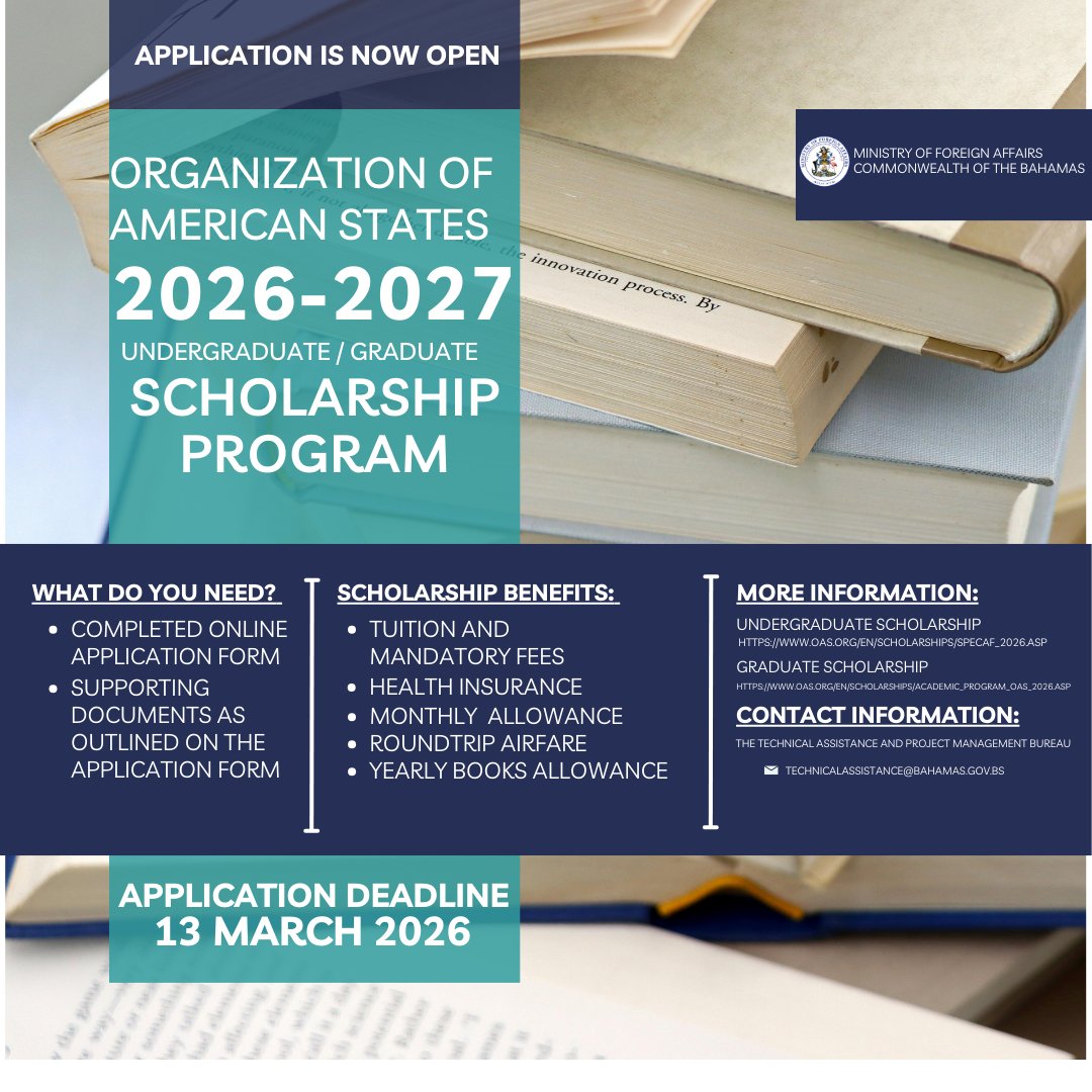 The Organization of American States (@oea_oficial) is offering scholarships to Bahamians.   Here is how you can apply:

mofa.gov.bs/the-oas-is-acc…