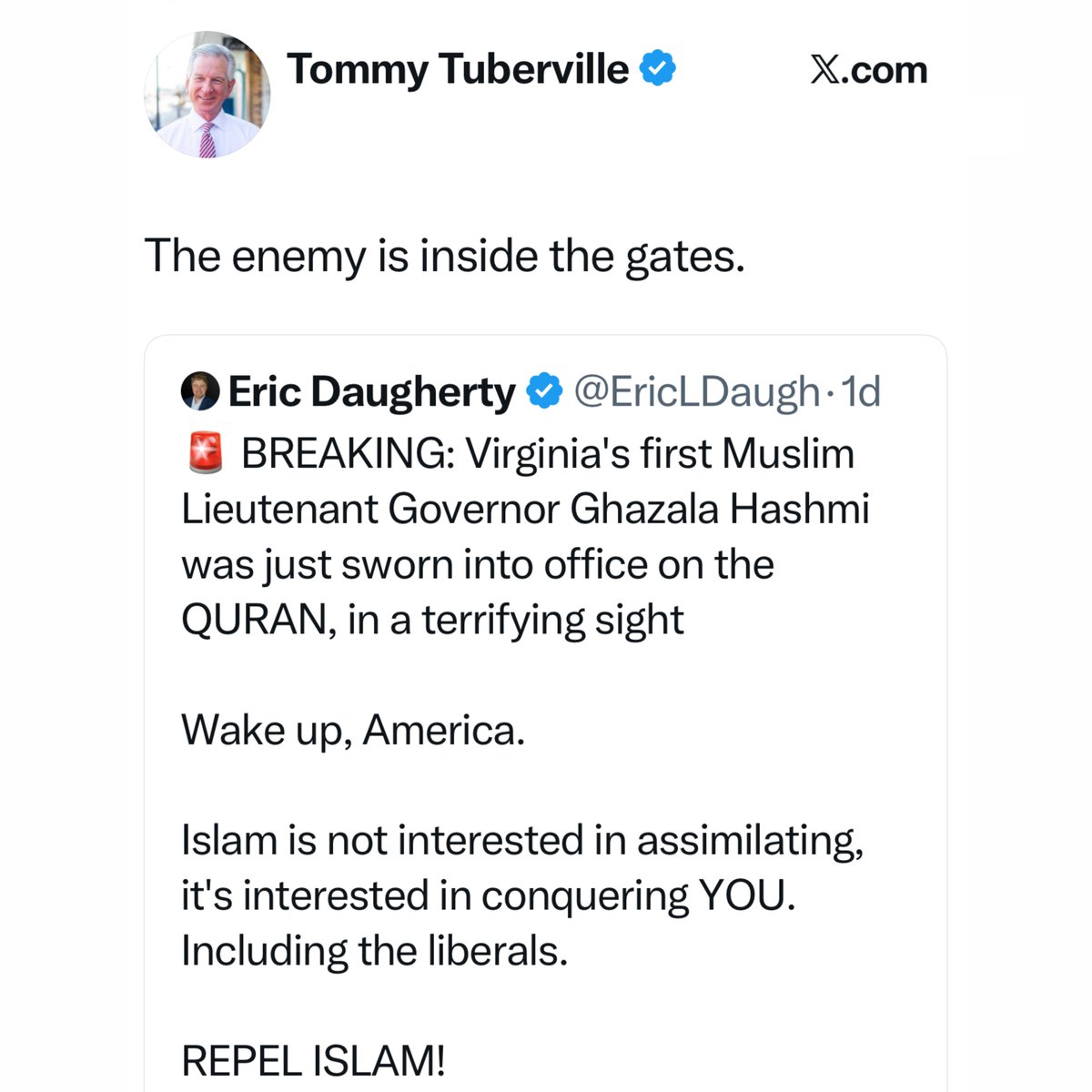 ChrisVanHollen's tweet image. This is pure, unabashed bigotry.

If a politician said this about any other faith, they would rightfully be run out of their party.

But this kind of despicable anti-Muslim rhetoric is so normalized that a sitting Senator uses it without consequence.

A stain on our Congress.