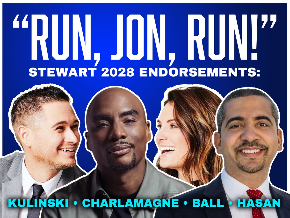 Stewart_2028's tweet image. Kyle Kulinski, Charlamagne, Krystal Ball, and Mehdi Hasan all support Jon Stewart for president.

Will you?