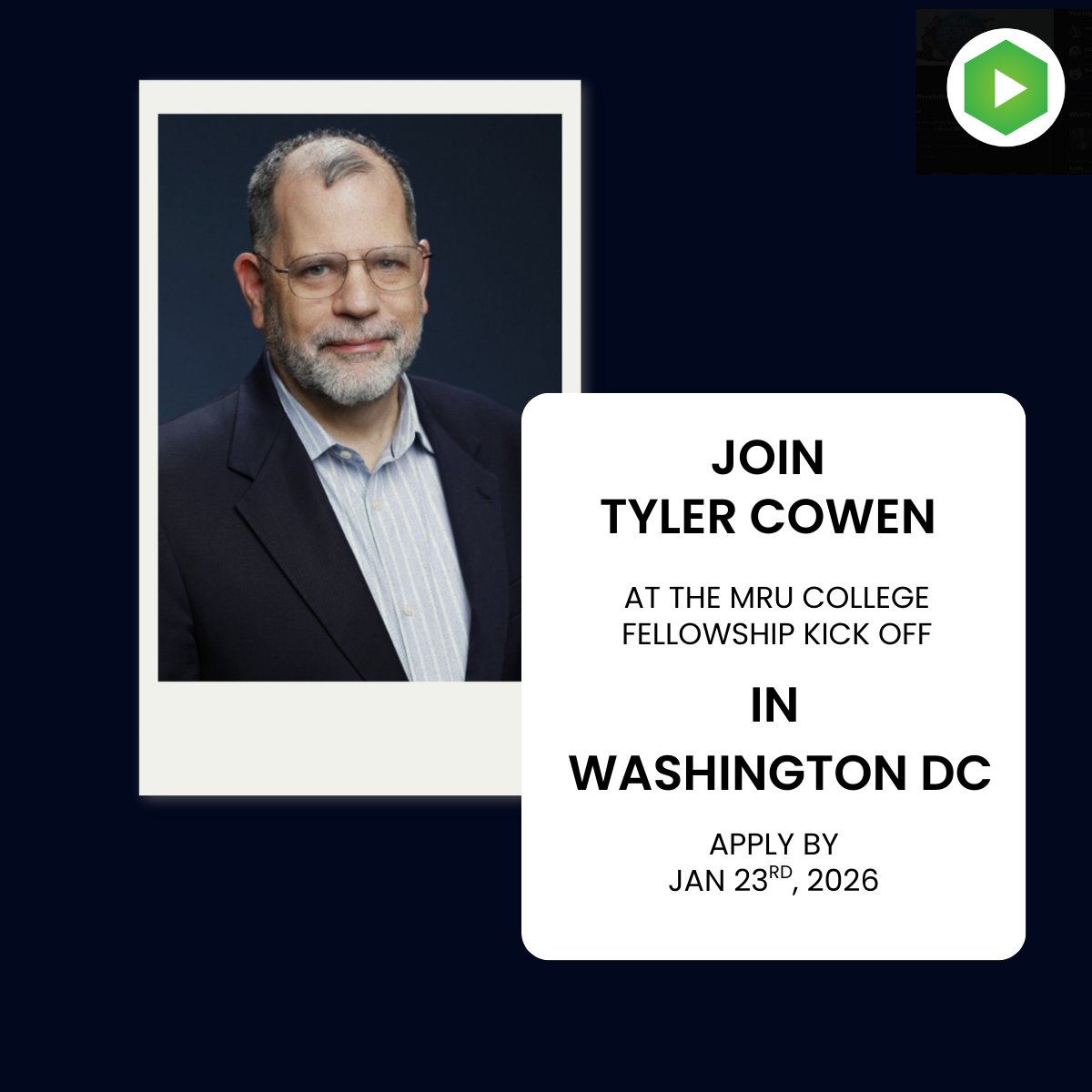 MRevUniversity's tweet photo. Calling all US college students!
Join @tylercowen  at the MRU College Fellowship kick-off in Washington DC 🏦 
Deadline to apply: 1/23/26
Apply now! https://t.co/gCARXRyBQN https://t.co/j5BjLZDOsx
