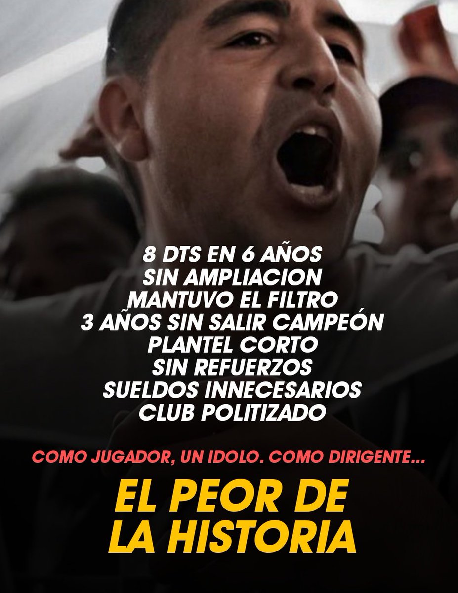 ❌️ 8 DTS EN 6 AÑOS
❌️ SIN AMPLIACION
❌️ MANTUVO EL FILTRO
❌️ 3 AÑOS SIN SALIR CAMPEÓN
❌️ PLANTEL CORTO
❌️ SIN REFUERZOS
❌️ SUELDOS INNECESARIOS
❌️ CLUB POLITIZADO

▶️ Como jugador, un ídolo.
⬇️ Como dirigente, el peor de la historia de Boca.