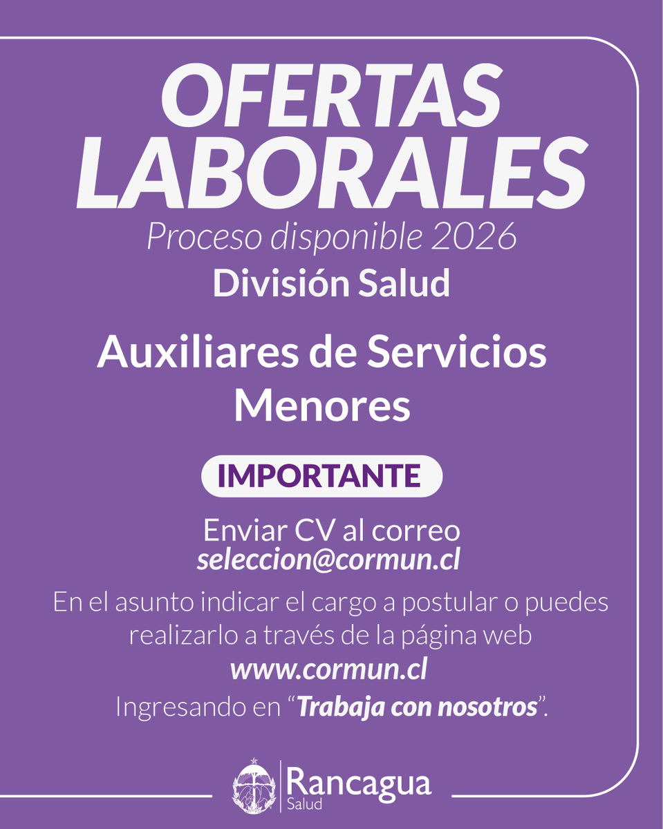 ¿Estás buscando nuevas oportunidades de trabajo? 👇🏼

📝 En la Corporación Municipal de Rancagua seguimos fortaleciendo nuestros equipos profesionales.